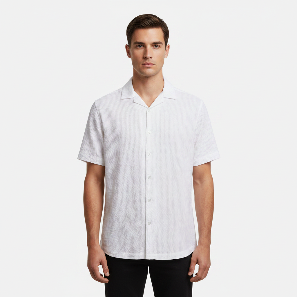 Men Short Sleeve Open Collar Seer Sucker Shirt