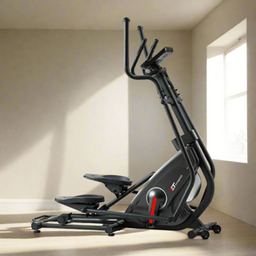 Front Drive Elliptical Bike with 7 kg flywheel, magnetic brake, monitor, belt drive, 40 cm stride, transport wheels.