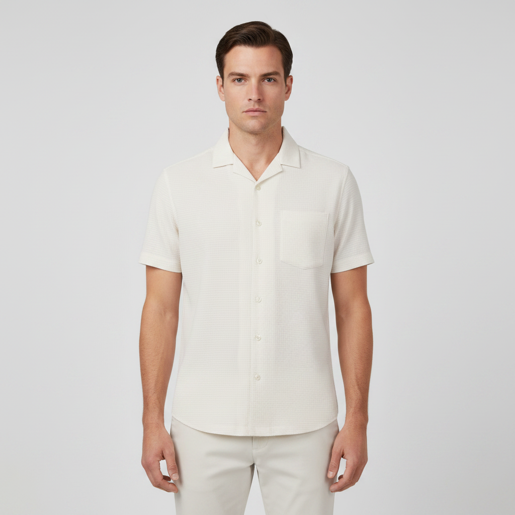 Men Short Sleeve Open Collar Textured Crinkle Shirt