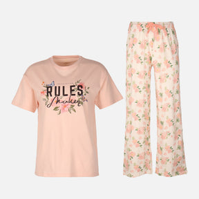 Womens Pyjama Set Short Sleeve Top And Wide Leg Pant