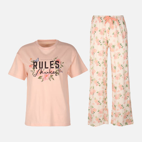 Womens Pyjama Set Short Sleeve Top And Wide Leg Pant
